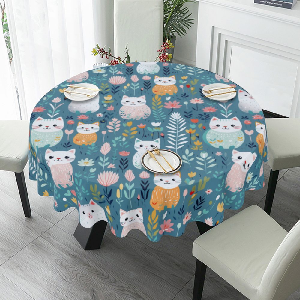 Boho Cats Round Table Cloth, 60 Inch