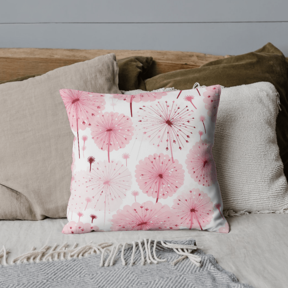 pink dandelions square linen pillow cover , 18-26 inch, zipper closure, pink home decor and bedroom