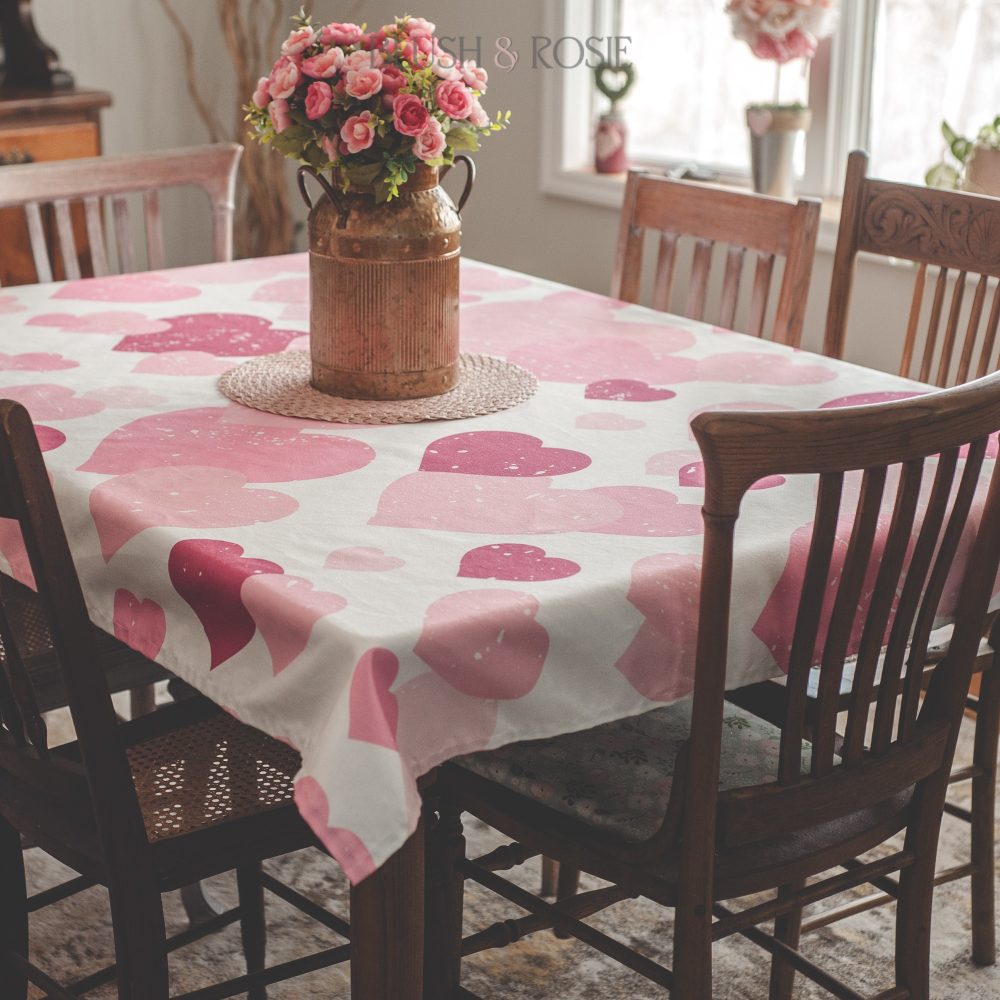 Pink Hearts Linen Table Cloth 72 Inch - Image 2