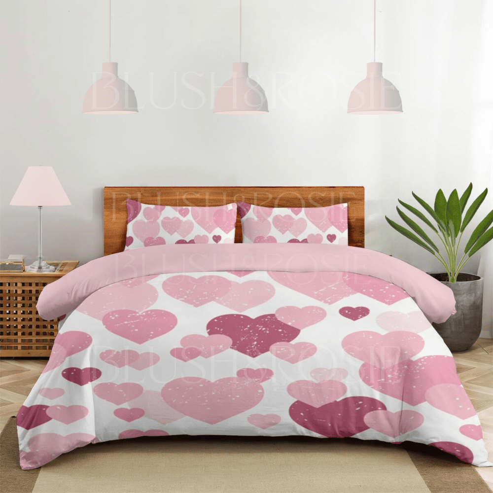 pink hearts valentines day bedding duvet cover and pillow shams, full queen, king and california king