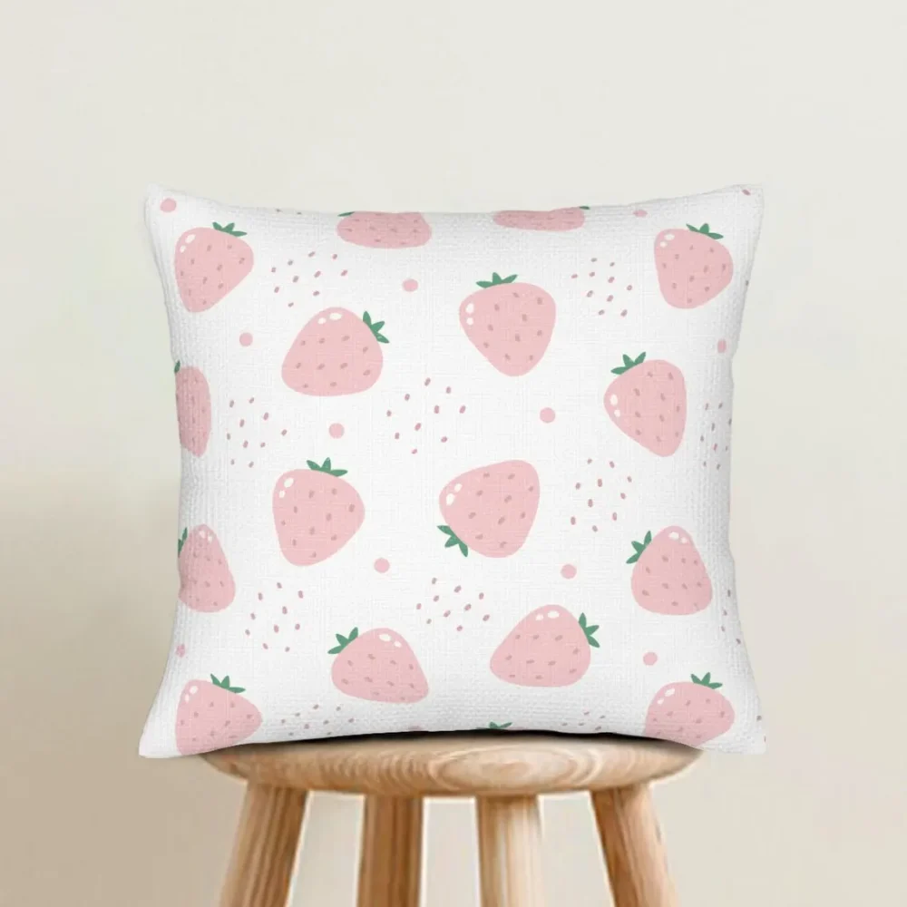 cute fun summer pink strawberry pillow cover, square, linen sizes 18 to 26 inch