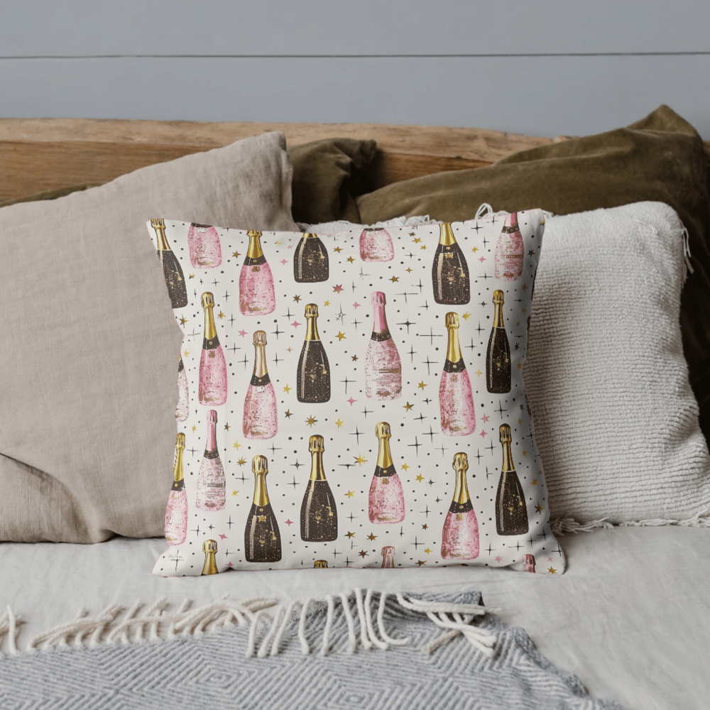 new years eve pillow cover pink and black champagne bottle and stars pattern, linen
