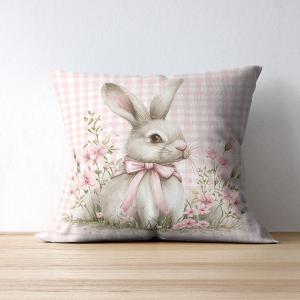 pink gingham easter bunny linen square pillow cover, 18 to 26 inch, easter farmhouse decor