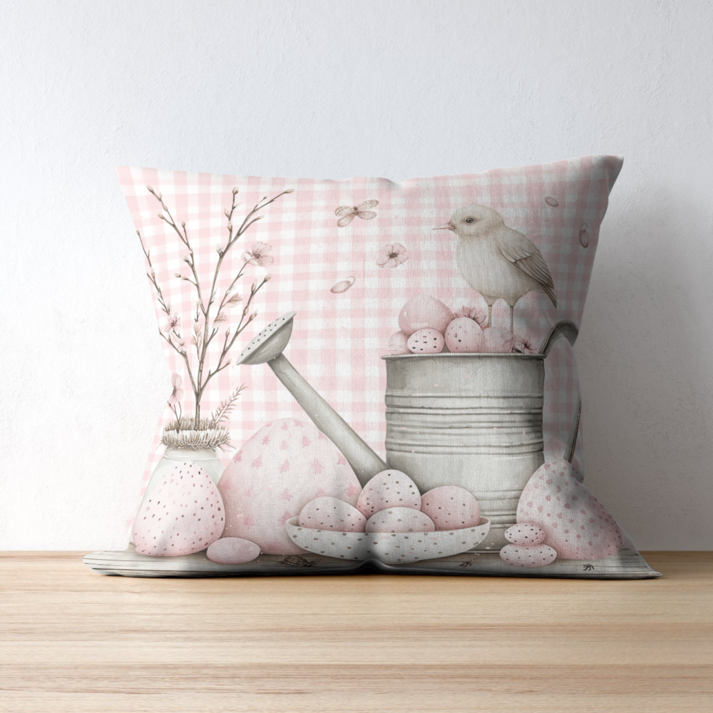 pink gingham easter egg linen square pillow cover, 18 to 26 inch, easter farmhouse decor