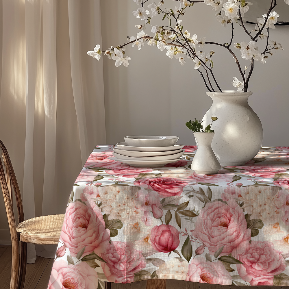 Pink Flowers Rectangle Linen Table Cloth