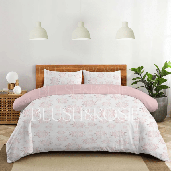 blush pink ombre snowflake christmas winter bedding for pink lovers, duvet with two shams, twin, full, queen, king