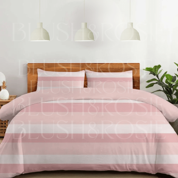 pink ombre striped bedding set duvet cover and two shams, full, queen, king, pink bedroom decor