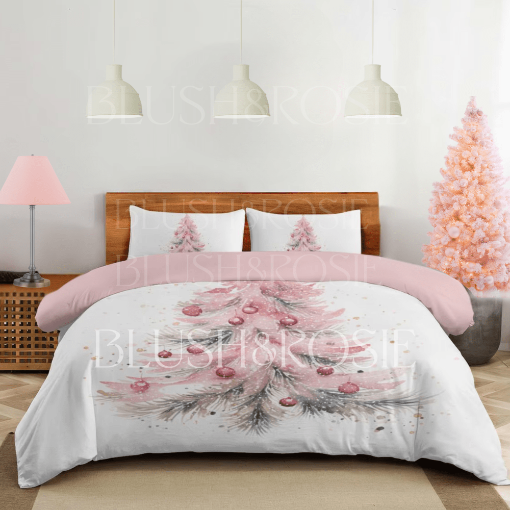 pink christmas tree bedding set, duvet cover and two shams. full, queen, king and california king