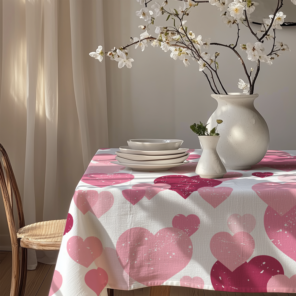 Pink Hearts Linen Table Cloth 72 Inch