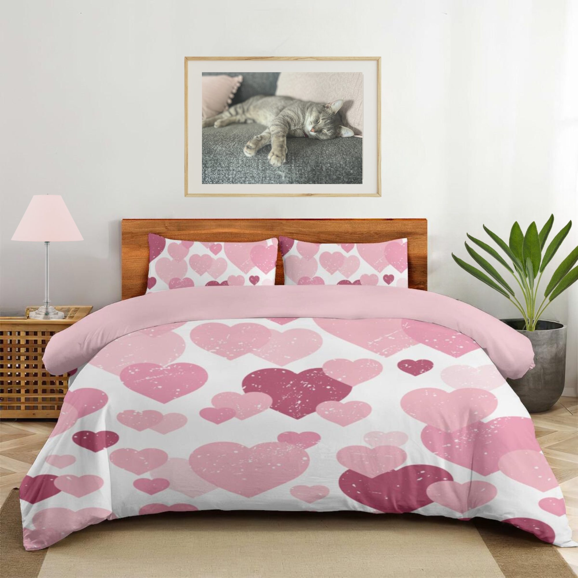 pink heart valentines day bedding set, duvet cover and pillow shams