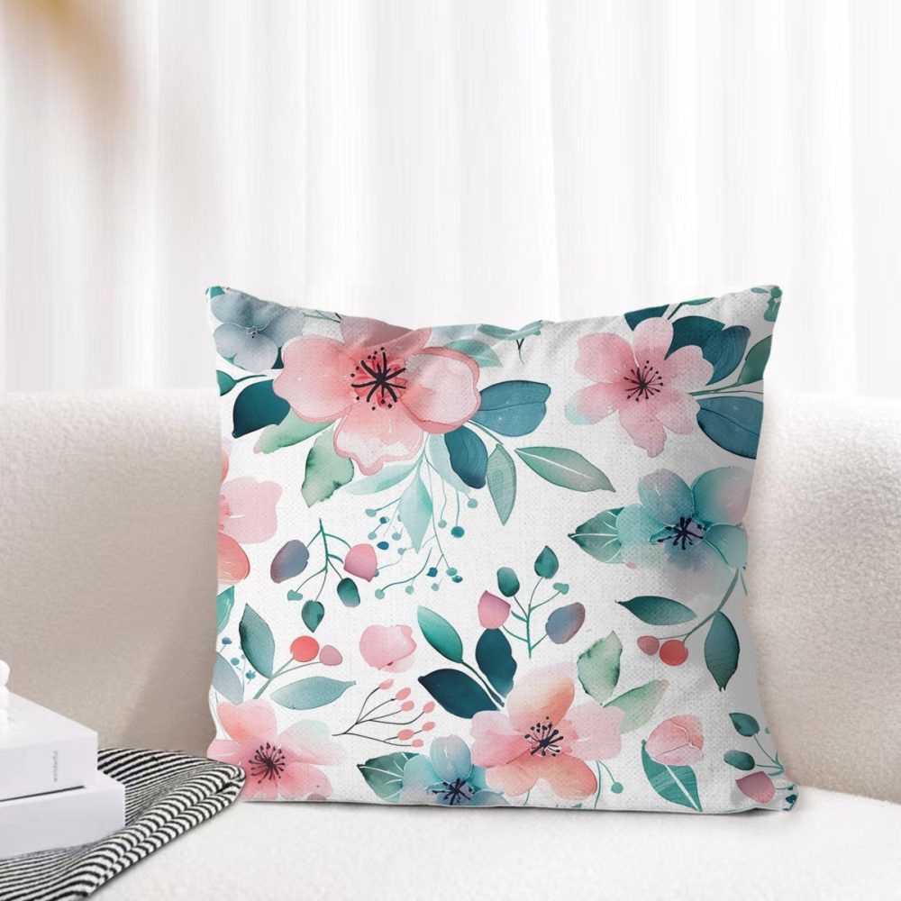Light Teal and Pink Watercolor Flowers Pillow Cover