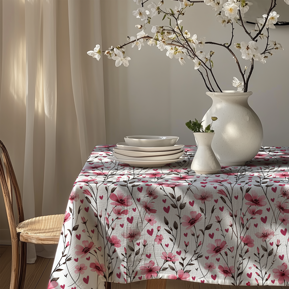 Pink Flower and Mini Hearts Rectangle Table Cloth