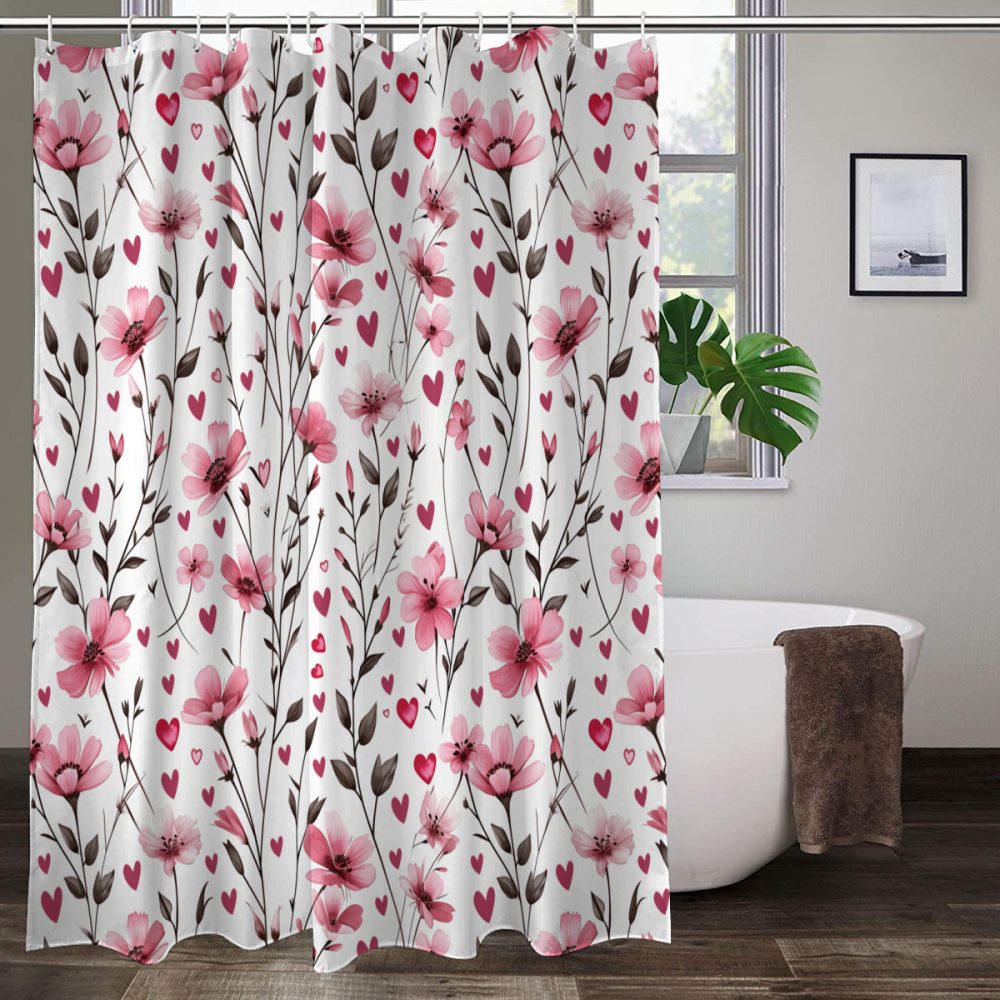 Pink Flower and Heart Shower Curtain