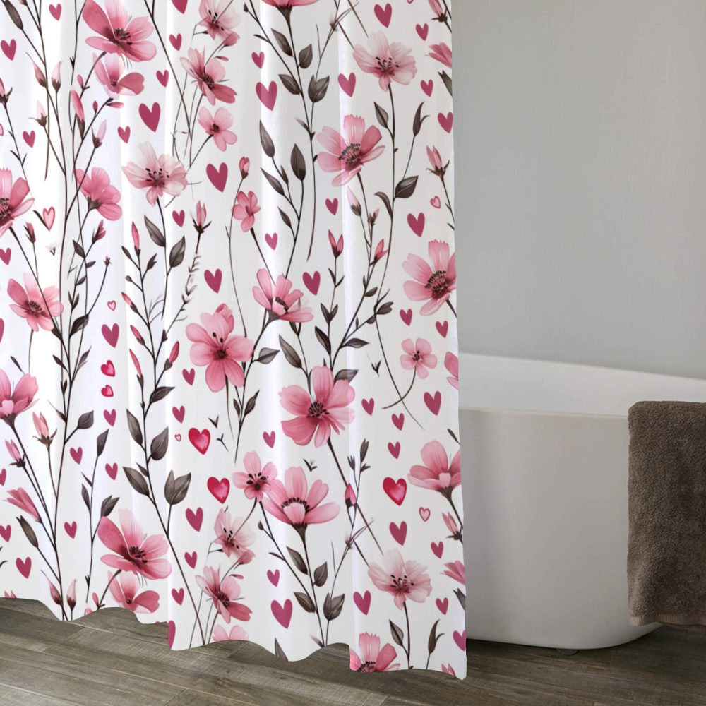 Pink Flower and Heart Shower Curtain - Image 2