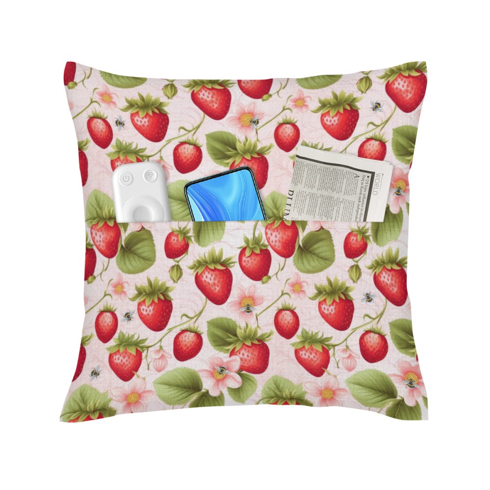 Pink Strawberry & Flowers Pocket Pillow Cover - Image 3
