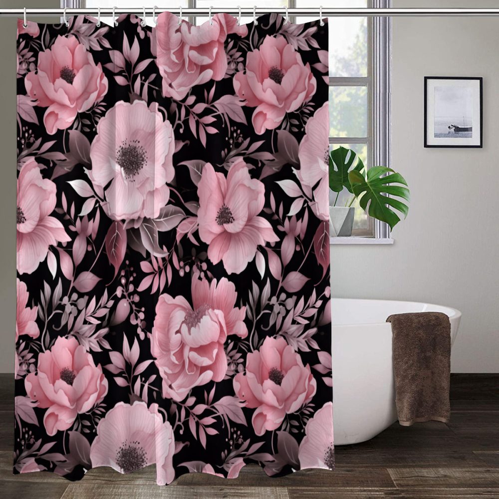 Pink Flowers and Black Shower Curtain
