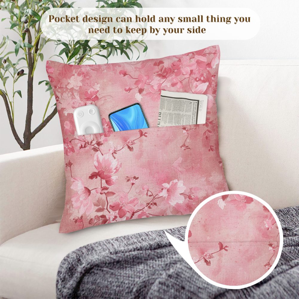 Pink Floral Pocket Pillow Cover - Image 2